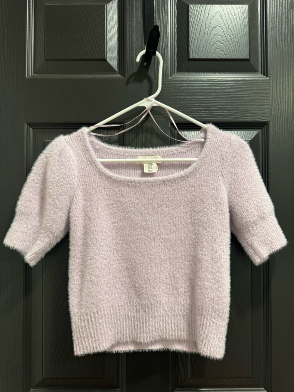 Happily Grey Fuzzy Knit Sweater XS Light Purple Short Sleeve Soft Cozy Top